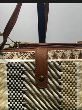 Woven Straw-Accent Brown Shoulder Bag